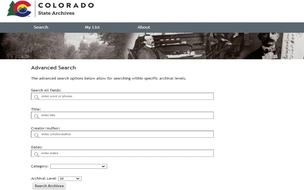 A screenshot of the Colorado State Archives website shows the advanced search page, which allows users to search within specific archival levels.