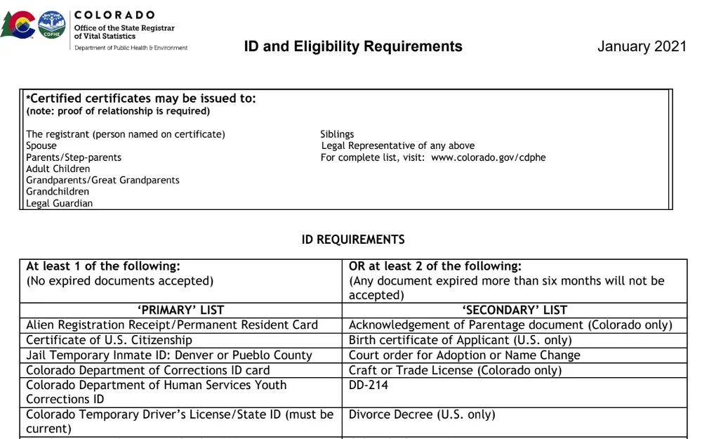 A screenshot of the ID and eligibility requirements to obtain certified copies of vital documents with the logos of the Colorado Office of the State Registrar of Vital Statistics and the Department of Public Health & Environment in the top left corner.