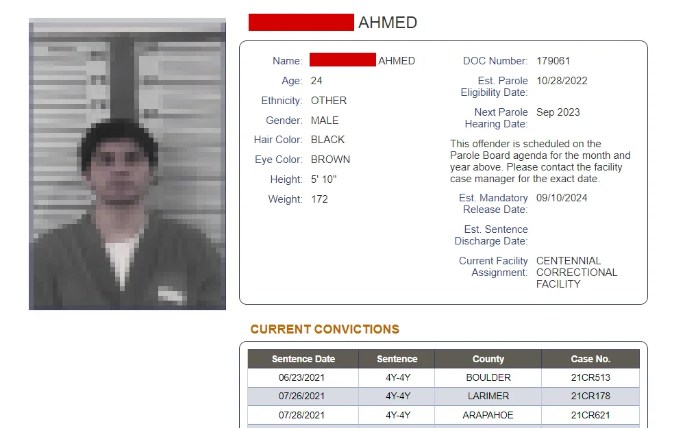 A screenshot from the Colorado Department of Corrections page shows the inmate information, such as mugshot, full name, age, DOC no, current conviction information, etc. 