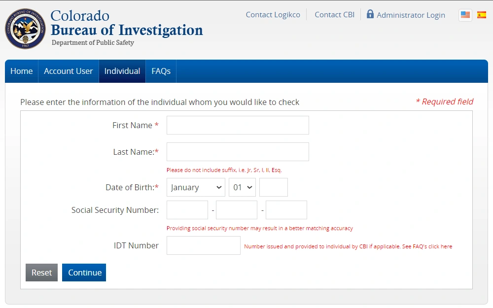 A screenshot of the offender search page on the Colorado Bureau of Investigation (CBI) website displaying the necessary fields to conduct an offender search.