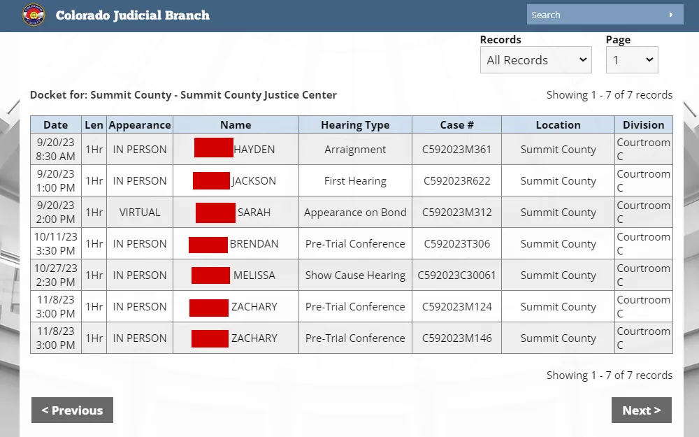 A screenshot shows the list of inmates from the Summit County docket search, including date, length, appearance, name, hearing type, case no.., location and division.