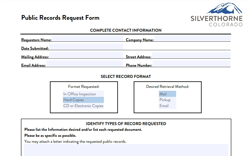A screenshot of the Public Records Request Form on the Silverthorne, Colorado website requires searchers to fill in their contact information, select the desired record format, and specify the requested record types.