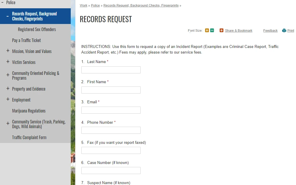 A screenshot of the Record Request page from the Town of Breckenridge Website shows the required information such as full name, email and Phone number, including additional data: fax, case number and suspect name to request criminal case report, traffic, accident, etc.