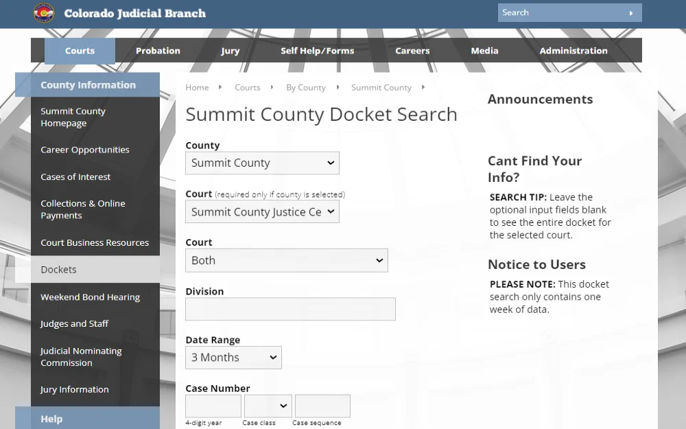 A screenshot of the Summit County Docket Search on the Colorado Judicial Branch website requires the user to select the county and court from a dropdown menu, as well as provide the offender case number and division to search.