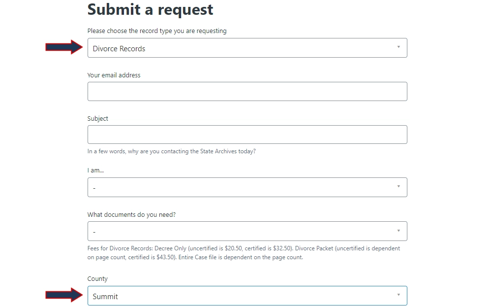 A screenshot from Colorado State Archives displaying a part of the online record request submission form asking for the requestor's email address, subject of the request, record type where "Divorce Records" is selected, party type, documents needed, and county in which "Summit" is selected.
