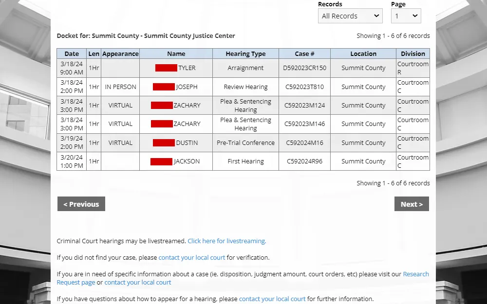 Screenshot of the court docket search tool results from the Colorado Judicial Branch, listing the hearing schedules alongside the party name, case number, appearance type, hearing type, location, and division.