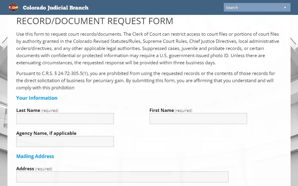 A screenshot from the Colorado Judicial Branch shows the online form for record or document request with a text disclaimer and instructions about the form, followed by fields for the requester's name and mailing address.